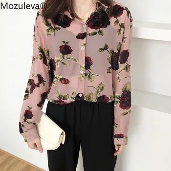 

Mozuleva 2020 Spring Summer Women Flocking Flower Chiffon Blouses Shirt Female Wild Loose Vintage Tops Long Sleeve Women Blouses