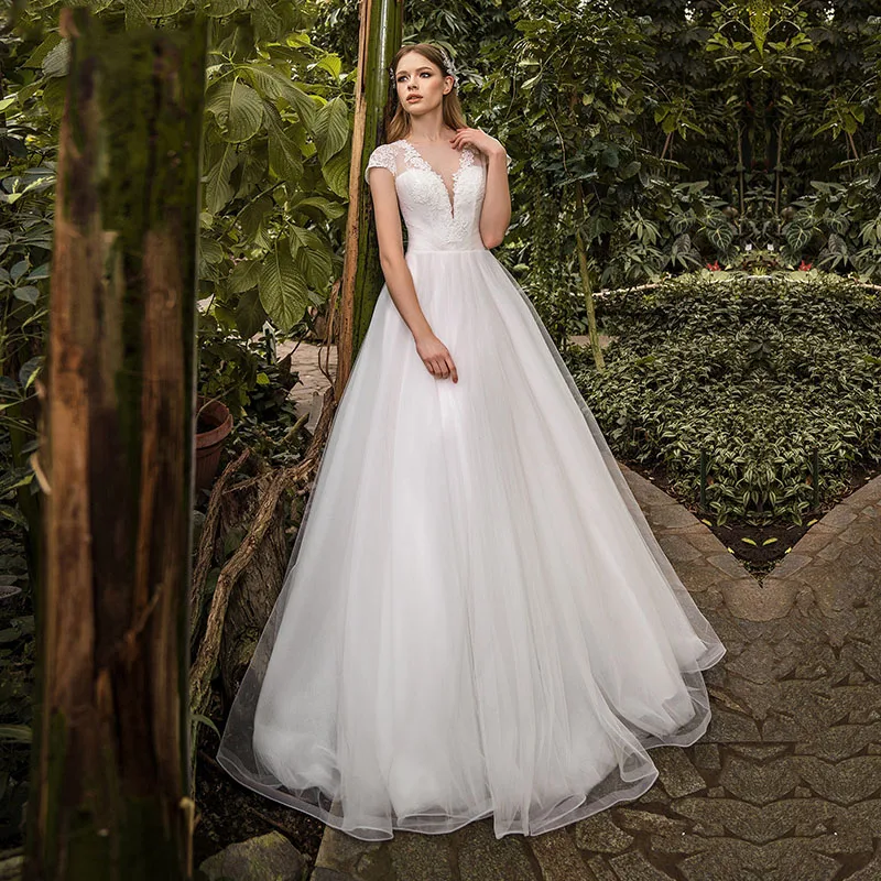 

Eightale Vintage Wedding Dress V-Neck Appliques Lace Cap Sleeves Tulle A-Line Wedding Dress Custom Made Elegant Bridal Dress