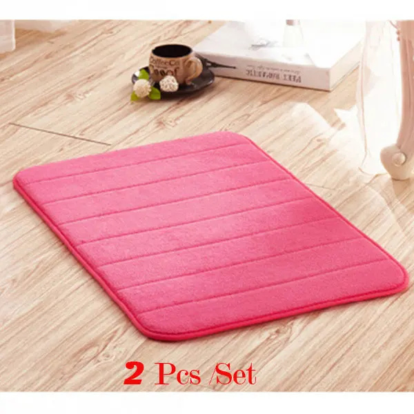 2Pcs Pink Толстый коралловый бархатный коврик с эффектом памяти, полосатый коврик, Противоскользящий коврик, нескользящий коврик - Цвет: 2Pcs Pink