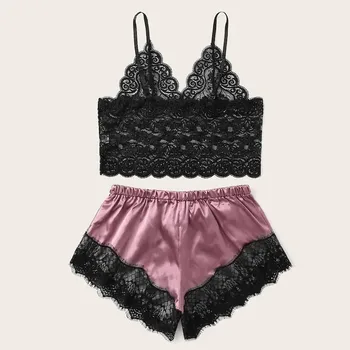 

New Women Lace Satin Wireless Bra squarepant Camisole Pajamas Sleepwear Bowknot Shorts Set Comfortable Sleepwear pyjama femme