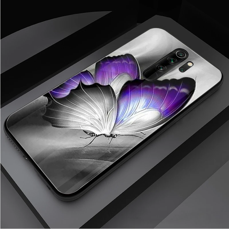 Butterfly Tempered Glass Phone Case For Redmi Note 5 6 7 8 9 Pro Note8T Note9S Pro Redmi7A 8 9 Cover Shell 