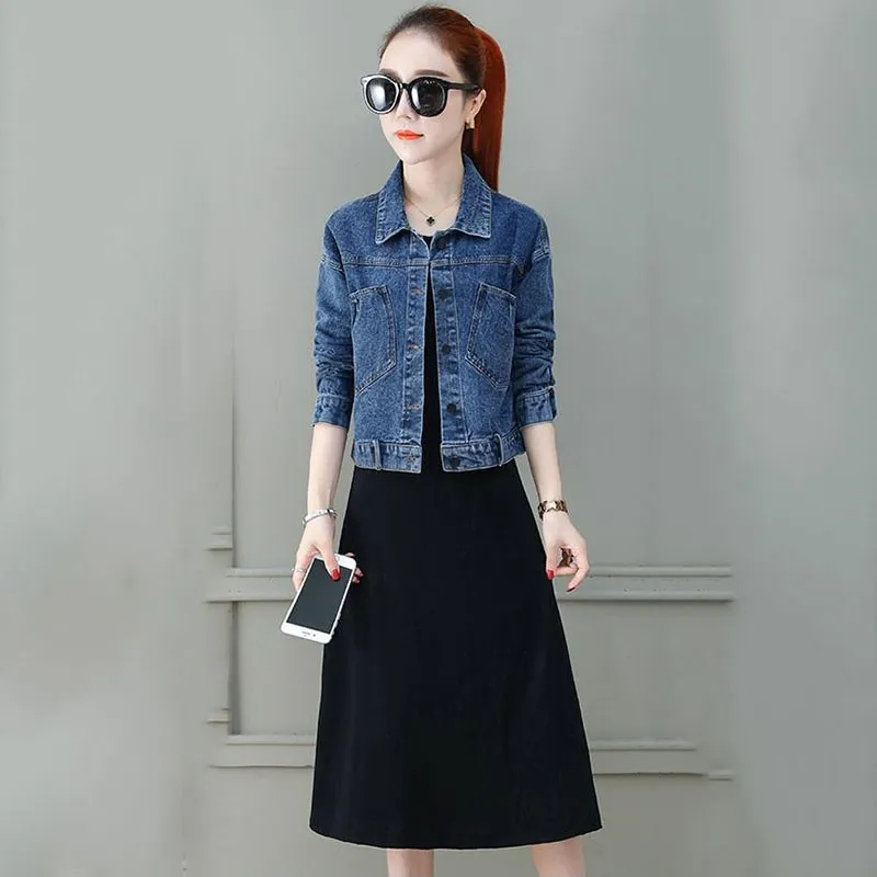 

Women Set Basic Jackets Women Denim Short Tops Turn-down Collar Vintage Autumn Long Sleeve Black Mid-calf Dress Two-piece Suit