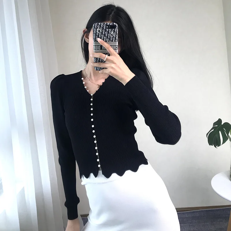 Tunjuefs Elegant Short Cardigan Women Sweater Coat Pearl Button Shrug Long Sleeve Knitted Crop Top Runway Outwear Casual Autumn |