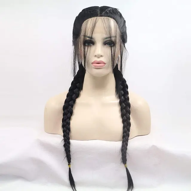 Braided Lace Front Wigs Ombre Braid Black Synthetic Wig Blonde 2 Braids Highlight Big Braiding Ponytail Baby Hair For Women 1B Black