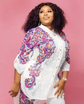 

African Clothes for Women 2 Piece Set Stand Collar Print Long Shirt and Pant Dashiki Bazin Africa Tracksuit Suits Plus Size Tops