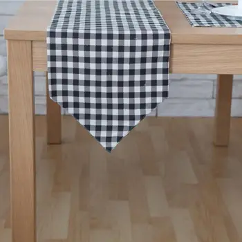 

Table Runner Chinese Modern Minimalist Style Plaid Vintage Classical Coffee Table Fabric Black and White Cotton Linen