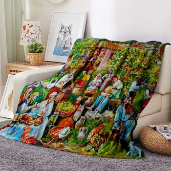 

Flannel Blanket Oil Painting Vintage Bed Cover Soft Plush Throw Blanket for Travel Bed Camping Outdoor Teens Girls Bedding