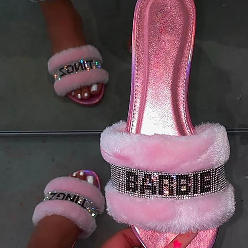 

Furry Slippers Women Rhinestone Summer slippers Slides Plus size 42 Flannel Flat Outdoor slippers Non slip Flip flops women