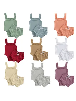 

Pudcoco Newborn Baby Girl Clothes Solid Color Knitted Cotton Sling Romper Tops Short Pants 2Pcs Outfits Casual Clothes Set