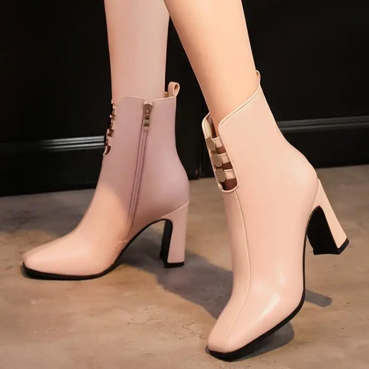 

Short short boots, women's boots rivet barrel knight 8 cm high heel boots head layer cowhide boots