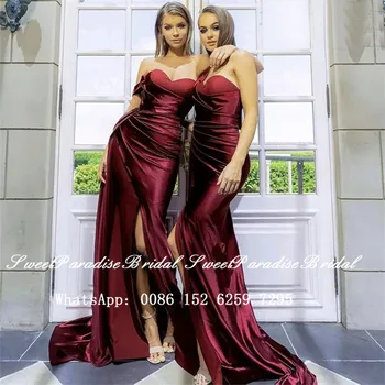 

Women Burgundy Mermaid Bridesmaid Dresses 2020 Sexy Side Split Long Sweep Train Wedding Party Dress Robe Demoiselle D'honneur