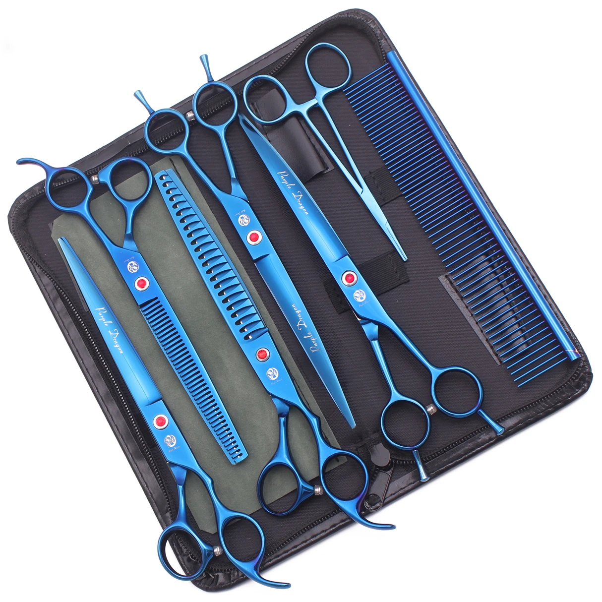 Dog Grooming Kit Professional 8" Purple Dragon Japan Steel Pet Thinning Shears Chunker Scissors Add Case Curved Scissors Z3015