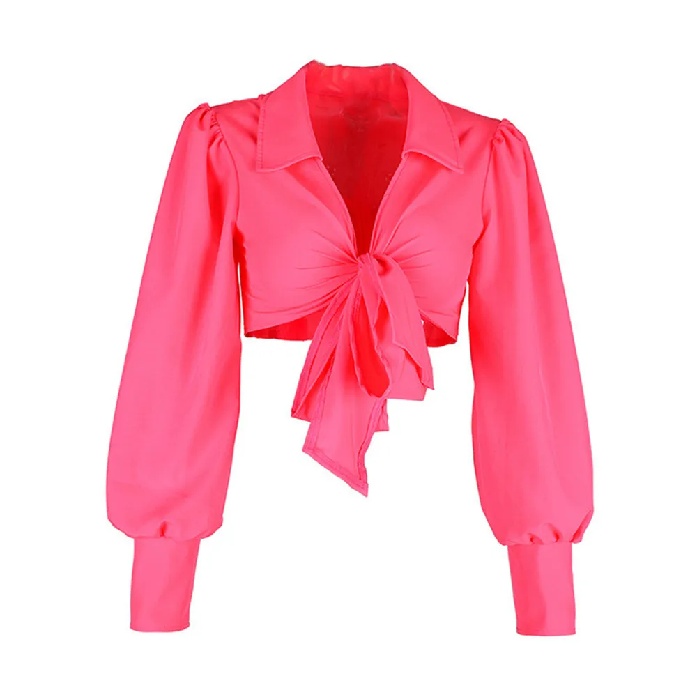 Женская Повседневная Свободная блуза с v-образным вырезом и длинным рукавом-фонариком, топы с кропом, летние сексуальные женские топы, блузки