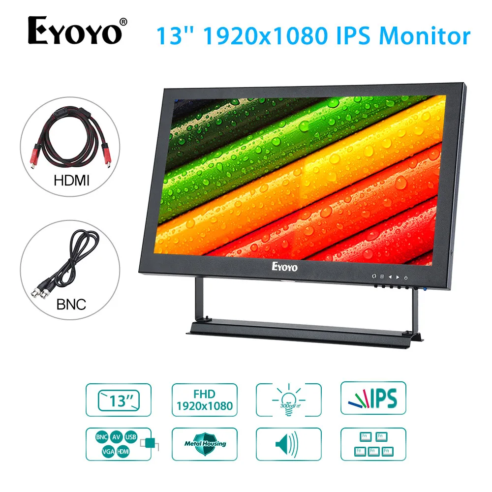 

Eyoyo 13" EM13A IPS HDMI BNC Monitor FHD 1080P 16:9 LCD Screen Display with VGA AV USB Speaker for DVD PC Laptop Security System