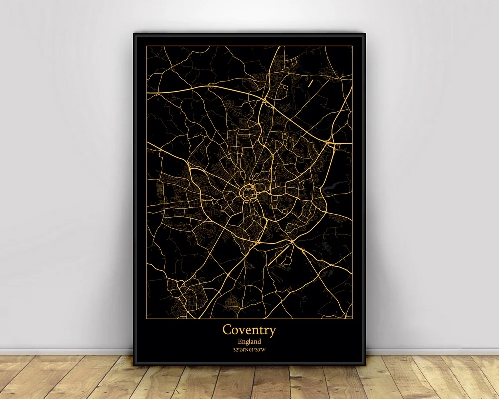 

Coventry Англия, черные и золотые города, легкие карты, индивидуальные карта городов мира постеры, холст, принты, скандинавский стиль, настенное искусство, домашний декор