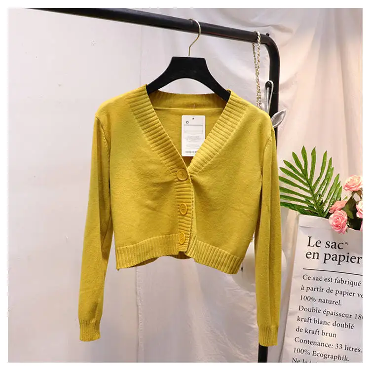 yellow Neploe кардиганы с v-образным вырезом свитер корейский Свободный однотонный вязаный осенний длинный рукав высокая Талия короткий джемпер пальто Pull Femme 54892 - Цвет: yellow