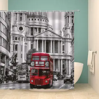 

Black and White Shower Curtain Set London Bus Scenery England Black and White Building Home Bathroom Decoration 70×70 Inch with