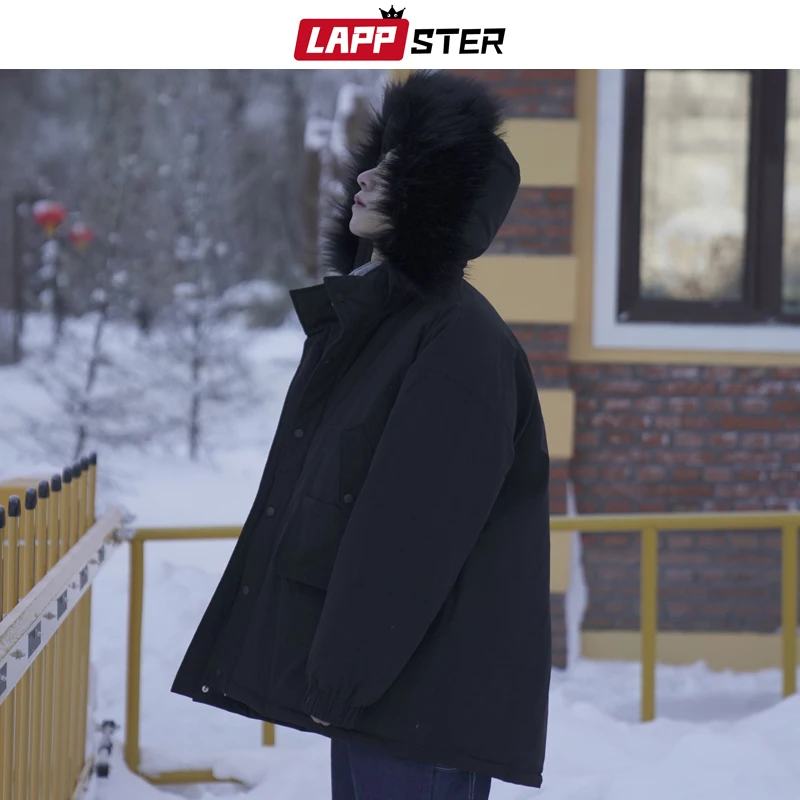 LAPPSTER Men Fur Warm Winter Jacket Mens Korean Hooded Puffer Jackets Coats Parka For Men Korean Fashions Thick Windbreaker