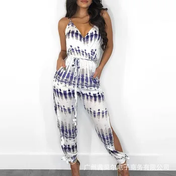 

WEPBEL Women Summer Playsuit Sexy Deep V Neck Sling Wide Leg Jumpsuit Print Split Romper