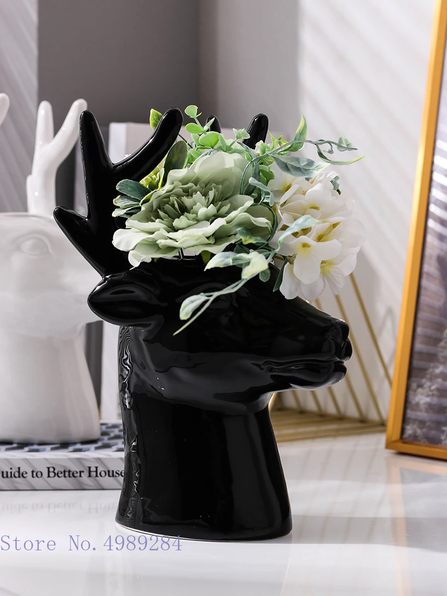 Creative Ceramic Vase Deer Head Elk Animal Head Simulation Animal Ceramic Crafts Flower Arrangement Flower Vase Home Decoration 3