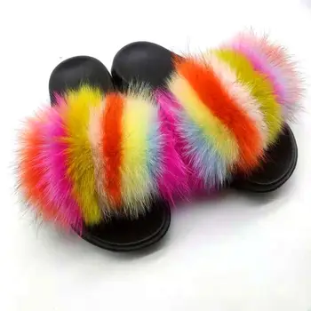 

Fox Slippers Summer Female Fluffy Fox Fur Sandals Furry Flip Flops EVA Flat Outdoor Casual Shoes Sexy Slippers Women