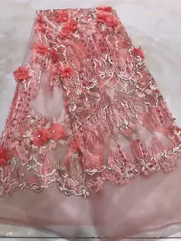 

2020 Latest 3D Flowers African Lace Fabric With Beads High Quality French Lace embroidered tulle lace fabric for wedding YYZ089