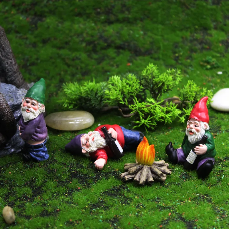 1 Set Mini Fairy Garden Drunk Yoga Gnomes Miniature Ornaments Set Dwarf Bonfire Statues for Flowerpot Garden Decor Accessories 