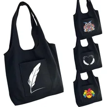 Ladies Shopping Bag Canvas Bag Student Handbag Feather Print Folding Portable Crossbody Single Shoulder Large Storage Tote Bag