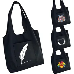 Ladies Shopping Bag Canvas Bag Student Handbag Feather Print Folding Portable Crossbody Single Shoulder Large Storage Tote Bag