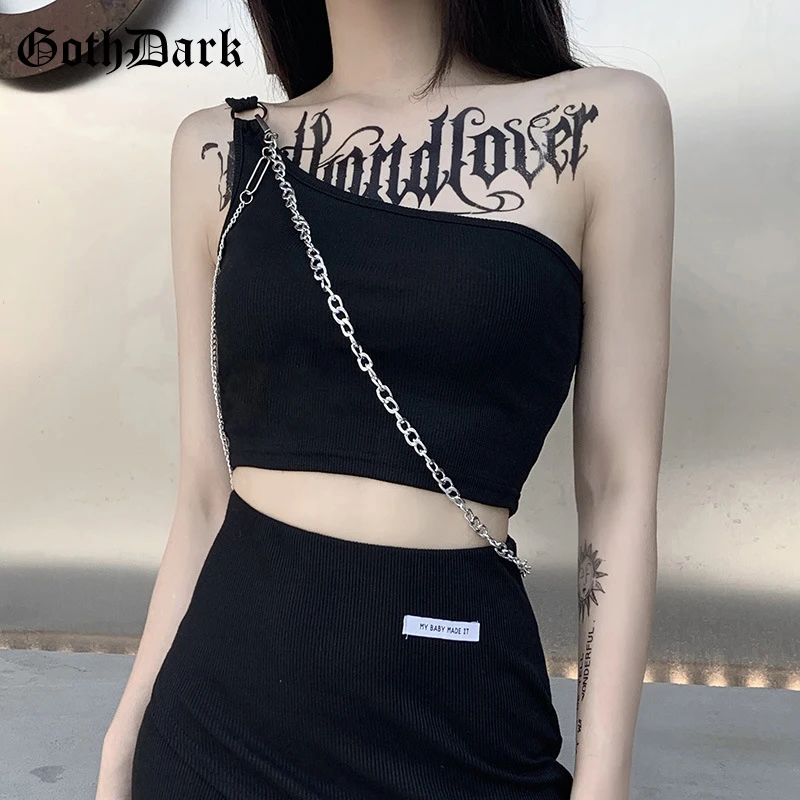 

Goth Dark Punk Style Black Grunge One Shoulder Tank Tops Gothic Sexy Backless With Chain Crop TOps For Women Knitted Streetwear