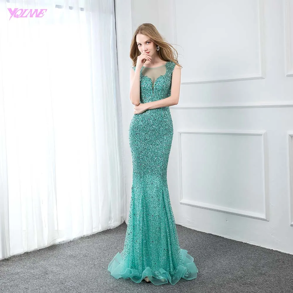 Великолепные вечерние платья с зелеными бриллиантами, длинное вечернее платье русалки без рукавов с круглым вырезом, вечернее платье - Цвет: Picture Color
