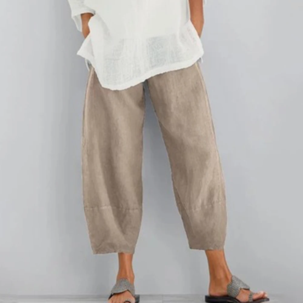 CYSINCOS Vintage Linen Pants Women's Summer Trousers Casual Elastic Waist Asymmetrical Pantalon Female Cropped Pants Oversized