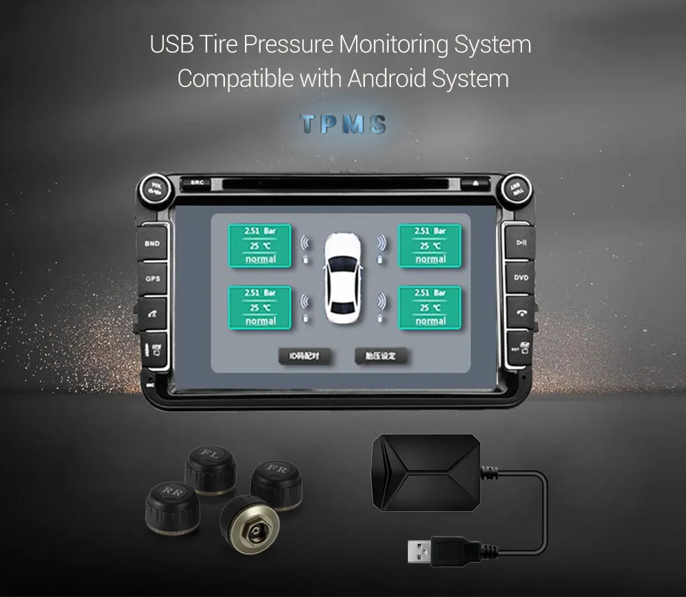 4 датчика USB Android TPMS автомобильная система контроля давления в шинах дисплей навигационная сигнализация давления в шинах