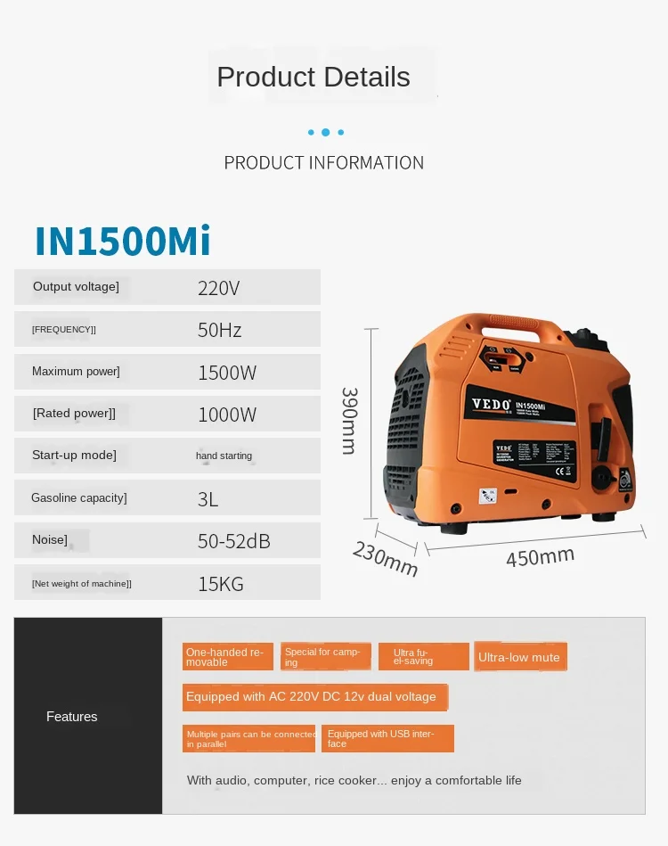 Gerador de Gasolina Mudo a Bordo Portátil ao ar Carro Condicionado rv Pequeno Portable1.5kw Livre 220 v no ar Gerador de gasolina 220 v no carro
