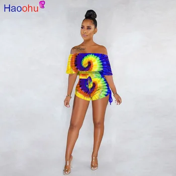 

HAOOHU 2020 Summer Women Playsuits Jumpsuits Slash Neck Print Street Rompers Sexy Night Club Party Bandage One Piece Outfits