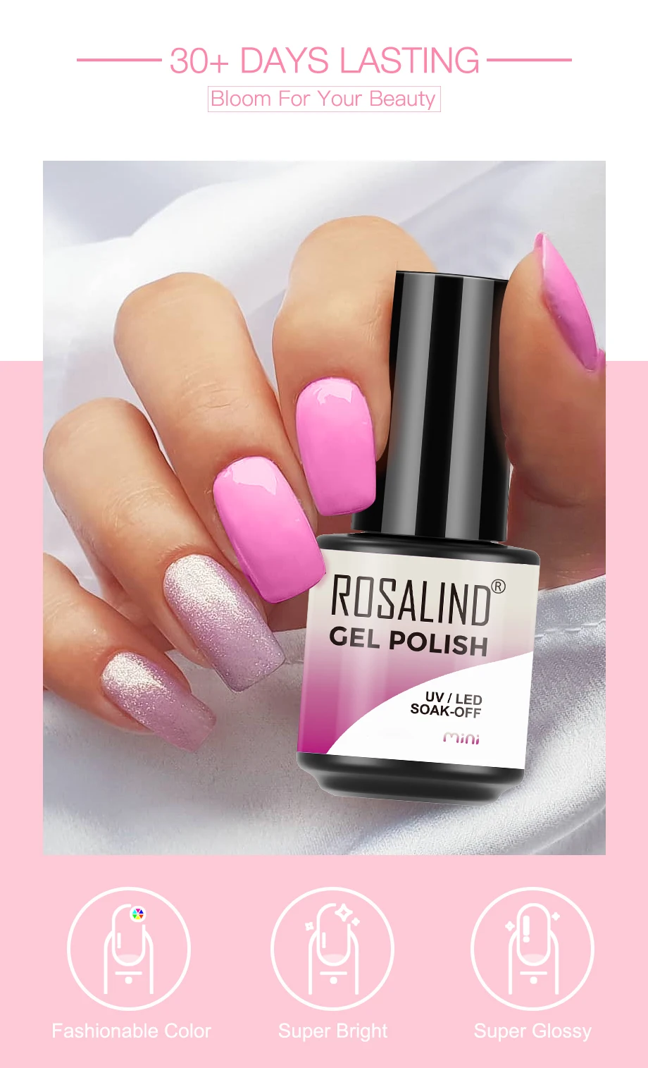 ROSALIND 7ml Gel Polish Semi Permanent Nails Gel Polish Soak Off UV LED Base Top Coat Vernis Nail Art Glitter Gel Varnish