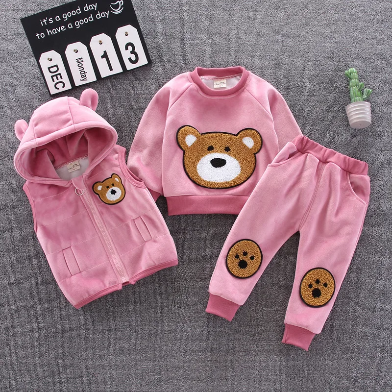 baby outfit matching set Baby clothes winter thick warm suit cartoon bear hooded sweater baby boy baby girl fleece children gold velvet three-piece suit best Baby Clothing Set