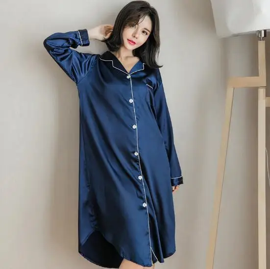 Goedkoop Nieuwe Zijde Nachthemden Vrouwen Lange Mouw Lente Zomer Jurk Nachthemd Vrouwelijke Nachtkleding Nachthemd Losse Sexy Nacht Shirts S 3XL