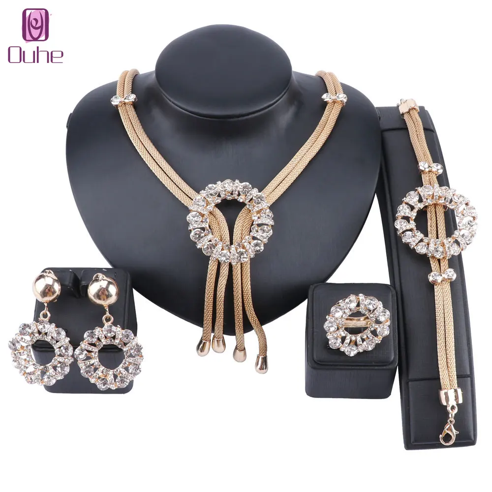 

Bridal Gift Nigerian Wedding Crystal Jewelry Set Dubai Gold Costume Design Double Chain Necklace Bracelet Ring Jewelry Set