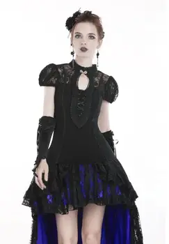 

DARK IN LOVE Women's Gothic Lacing Hollow Puff Sleeved Lace Tops Party Dinner Summer Short T-Shirts
