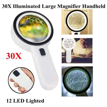

30X Illuminated Large Magnifier Handheld 12 LED Lighted Magnifying Glass for Seniors Reading Soldering Jewelry Exploring