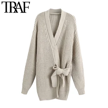 

TRAF Women Fashion With Tied Wrap Knitted Cardigan Sweater Vintage Long Sleeve Loose Female Outerwear Chic Tops