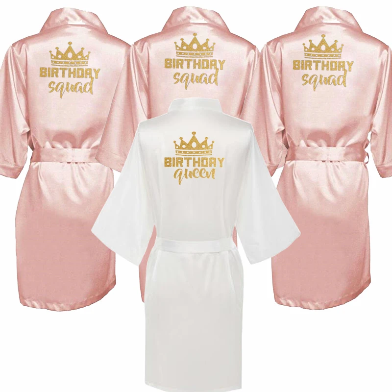 

Birthday Party Queen&Squad Robes Satin Pajamas Robe Dressing Gown Pajamas gold writing kimono robe