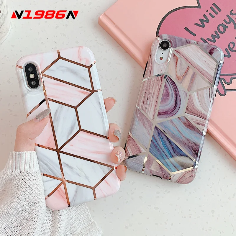 N1986N Телефон чехол для iPhone 6 6s 7 8 Plus X XR XS Max Роскошные покрытие с ионным напылением из розового золота с геометрическим рисунком Мрамор мягкий IMD Для iPhone X Case Капа
