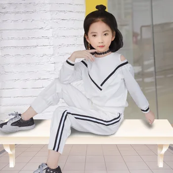 

Kids Girls Autumn Children's Leisure Suit 2018 Two Sets of Children Shoulder V Collar Striped Suit Coat+pant 3-10 Ages