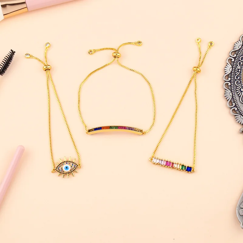 Разноцветный браслет с бусинами от сглаза, браслет с золотыми цепочками и геометрическими подвесками для женщин, женский Регулируемый подарок LE174