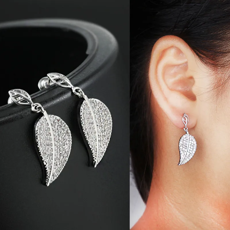 Best Selling Korean New Style Zircon Leaf Earrings 925 Sterling Silver Pin Stud Ear Fashion Personality Jewelry for Women | Украшения и