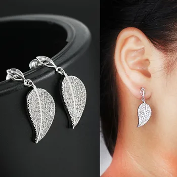 

Best Selling Korean New Style Zircon Leaf Earrings 925 Sterling Silver Pin Stud Ear Fashion Personality Jewelry for Women