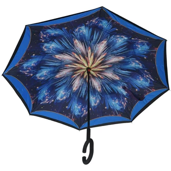 

Windproof Reverse Folding Double Layer Inverted Rain Umbrella Self Stand Rain Protection C-Hook Hands For Car