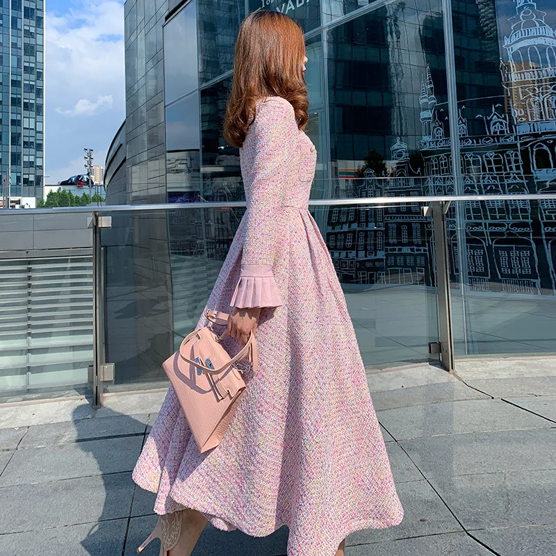 

Online Celebrity New Style High-End Origional Design French Debutante Elegant Pearl Collar Tweed Sub-Big Hemline Medium-length D